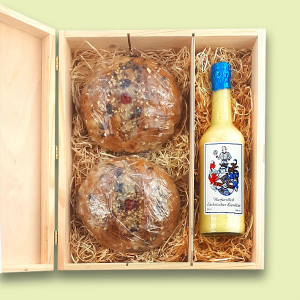 Sächsisches Osterbrot - 2 x 500g - und eine Flasche Eierlikör 0,5 l in der Holzkiste